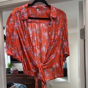 Anthropologie Floral Tie-Front Blouse - Orange and Pink